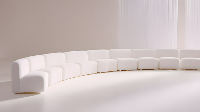 contrapositive. A minimalist, flowing arc of upholstered seating on a blurred neutral background. real-estate listings.