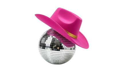 Pink cowboy hat on disco ball isolated PNG, fun party accessory for costume or celebration on transparent background
