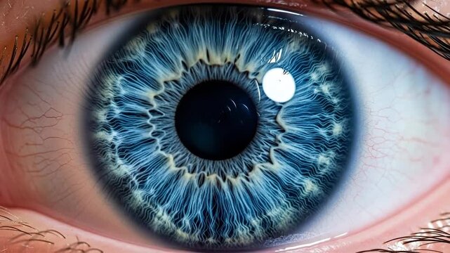 Close-up of a blue eye highlighting intricate iris details.