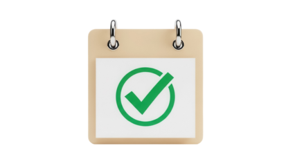 Calendar with green check mark isolated PNG on transparent background, symbol for task completed and time management
