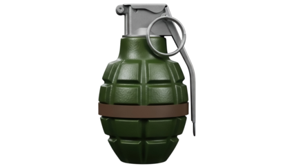 Green hand grenade isolated PNG, military explosive weapon for combat and war games on transparent background