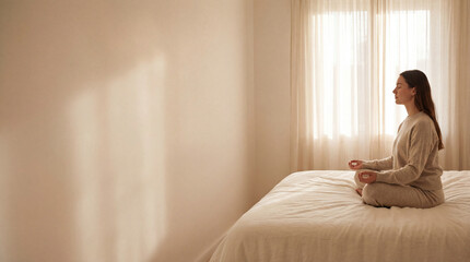 Woman practices meditation on bed. Morning meditation in sunlight for World Mental Health Day, meditation for stress relief, mindfulness routine, bedroom with copy space, self care concept