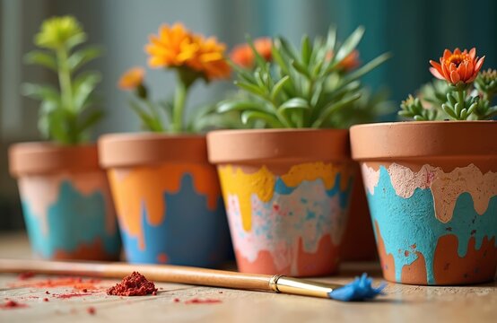 Terracotta pots painted with bright colors and designs, decorated by children. Plants grow inside pots. A paintbrush and pigments rest on a wooden table. Fun craft project for kids.