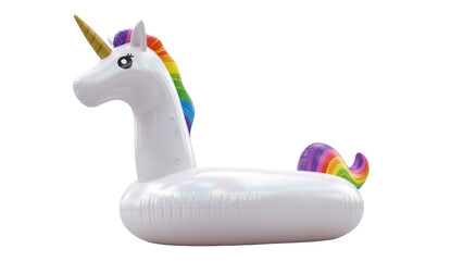 Inflatable unicorn pool float PNG isolated on transparent background, fun summer toy for kids and adults, rainbow mane and tail © Florin