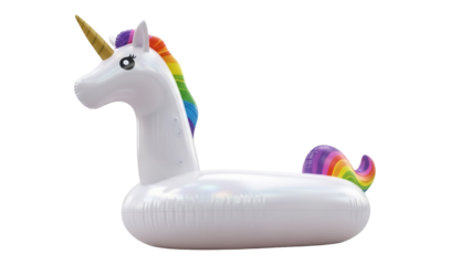 Inflatable unicorn pool float PNG isolated on transparent background, fun summer toy for kids and adults, rainbow mane and tail