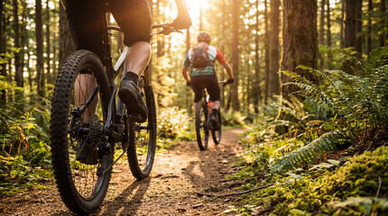 Mountain bike riders speed through forest. Bike trail glows in sunset light, bike adventure with two cyclists on dirt path, outdoor fitness for World Bicycle Day, summer travel theme