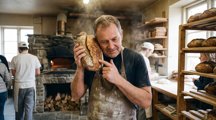 Baker checks bread crust by sound. Artisan baker holds sourdough bread near stone oven, fresh bread aroma, for World Bread Day, Thanksgiving baking, local bakery story concept, cozy workshop mood
