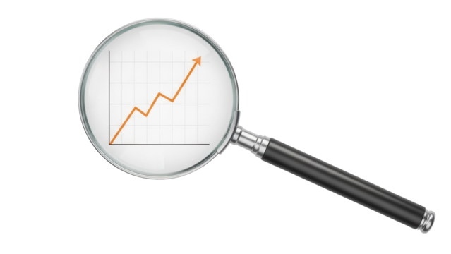 Magnifying glass with upward trend graph isolated PNG, business growth concept on transparent background, financial analysis and investment - Powered by Adobe