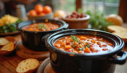Warm hearty soup served in crock pots for a communal potluck meal. Friends gather to share comforting dishes with bread slices. Delicious homemade food for winter gathering.