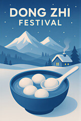 Dongzhi - Winter Solstice Festival greeting card. Tangyuan chinese sweet dumpling with snowy mountains and cottage house. Blue gradient winter landscape vector illustration. (text: Dong zhi festival)