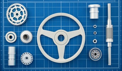 Precision engineered components arrayed on blue technical blueprint