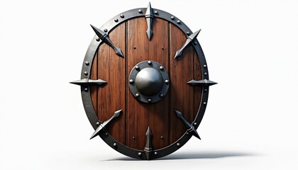 Spiked wooden round shield with metal rim and central boss. Medieval battle gear, protection, defense symbol. Old war item, isolated on white.