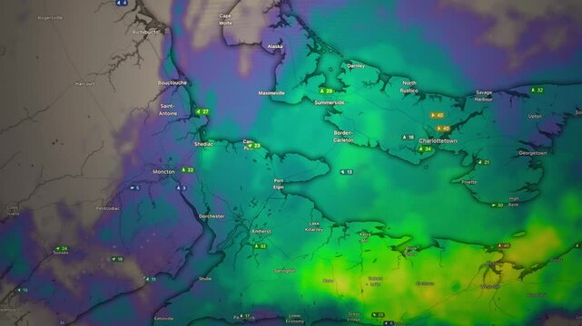 Animated Weather Map with Snow and Rain Over Eastern Canada Cities