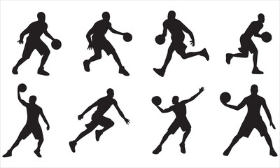 Obraz premium Basketball Player Silhouette Vector – Sports Action Poses, Athlete Dunk Motion, Game Design Set .