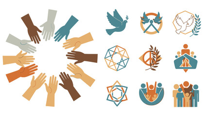 Colorful hands and peace symbols in a circular arrangement diversity unity