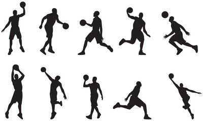 Fototapeta premium Basketball Player Silhouette Vector – Sports Action Poses, Athlete Dunk Motion, Game Design Set .