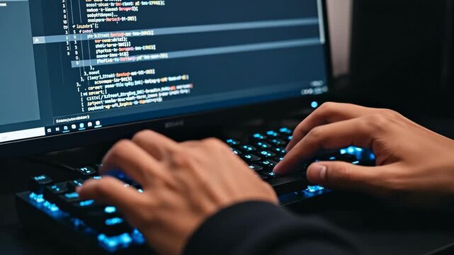 Coding and Keyboard Action in Dimly Lit Tech Setup