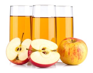 Three glasses of golden liquid with ripe apples, halved and whole, presented against a stark white backdrop