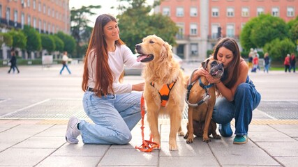 Women showing affection to pet dogs in city