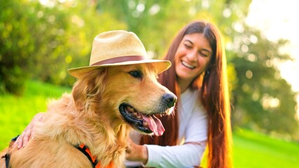 Golden retriever dog wearing hat with woman having fun