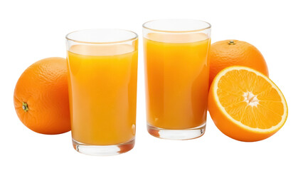 Refreshing orange juice in glasses with fresh oranges isolated PNG, healthy beverage on transparent background for nutrition and breakfast concepts