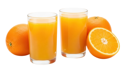 Refreshing orange juice in glasses with fresh oranges isolated PNG, healthy beverage on transparent background for nutrition and breakfast concepts