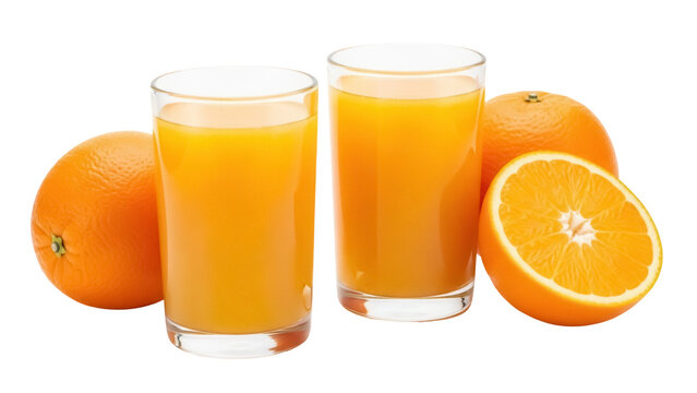 Refreshing orange juice in glasses with fresh oranges isolated PNG, healthy beverage on transparent background for nutrition and breakfast concepts