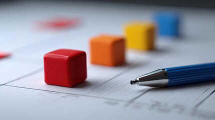 Colorful Wooden Blocks on Graph Paper Next to a Blue Pen Showcasing Strategy, Planning, and Creativity in Educational and Business Environments