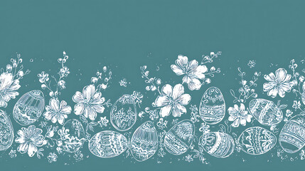 Hand Drawn Easter Eggs and Flowers Border on Teal Background