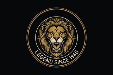 Golden lion head logo on black background with legend text