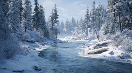 A winter scene with a frozen river and snow-covered trees,