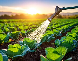 Irrigation of leafy green vegetables with water in farmland at sunset