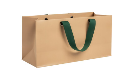 Tan paper shopping bag with green handles isolated PNG, sustainable retail packaging for product presentation and branding