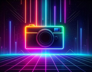 Futuristic neon camera illustration, glowing with vibrant retro light trails, set against a holographic data grid, embodying digital art
