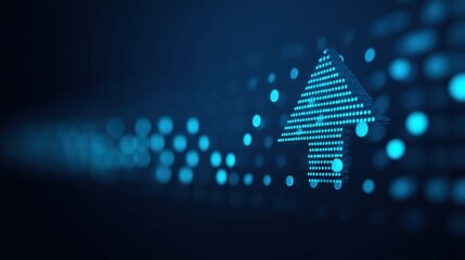 Bright blue upward arrow graphic representing growth and progress in a digital world with abstract background of glowing dots and light patterns