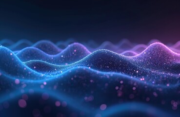 Abstract waves made of glowing particles move like ocean surface. Blue and purple lights form a futuristic, digital landscape. Data flows in a connected, complex network system.