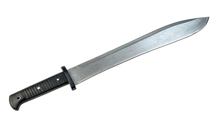 Sharp, heavy-duty machete with a steel blade and black handle, isolated on transparent background, tool.