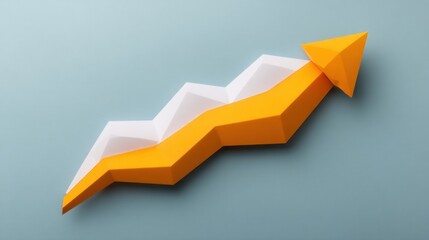 Obraz premium Bright Orange Arrow Signifying Growth and Progress on a Soft Blue Background with Geometric Design Elements for Business and Finance Themes