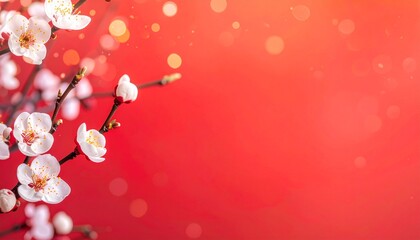 Spring Cherry Blossom Border with Red Lunar New Year Background