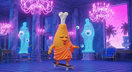 Playful animated creature in orange robe skateboarding through a luxurious neon-lit palace with glowing statues and chandeliers