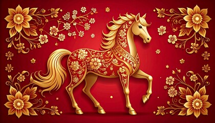 Ornate Golden Chinese Zodiac Horse on Red Lunar New Year Background