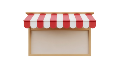 Storefront sign with red and white awning isolated PNG, shop facade with blank space for text on transparent background, commercial design element