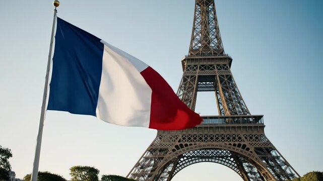 French Flag Waving in Front of the Eiffel Tower at Sunset