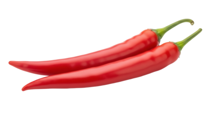 Two red chili peppers PNG isolated on transparent background, hot spice ingredient for cooking and culinary use