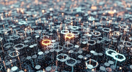 Nighttime urban cityscape with illuminated streets and hexagonal zones highlighting infrastructure in a metropolitan area