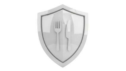 Silver shield with fork and knife isolated PNG, food safety concept for restaurant and catering services on transparent background