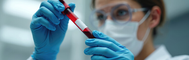 Scientist in mask and gloves holds blood test tube. Researcher examines sample in lab for analysis. Medical pro studies disease in clinical setting. Future health discovery.