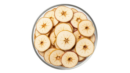 Dried apple slices in glass bowl isolated PNG, healthy snack food with natural sweetness on transparent background