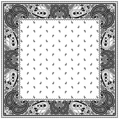 Bandana paisley square ethnic floral hand drawn pattern.Ornament classic vintage vector elements black on white background.Design for scarf,headscarf,kerchief,hijab,tablecloth,print fabric,decoration.