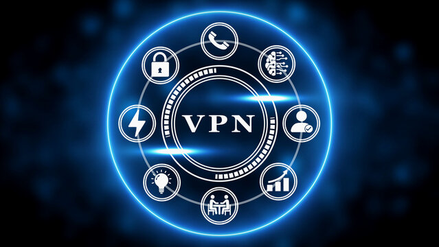 VPN virtual private network concept with icons for security and connectivity on a blue digital background Keywords: VPN, virtual private network, security, privacy, technology, concept, icons